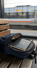 Backpack with notebook on a bench at the train station waiting