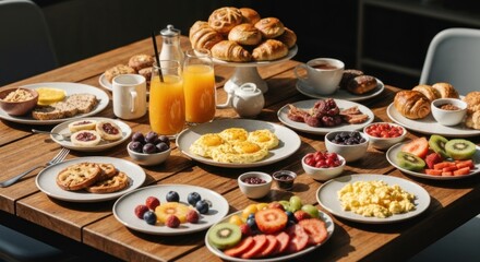 A spread of breakfast foods including fruit, pastries, and eggs on a table