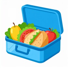 An open blue lunchbox filled with a healthy meal of a sandwich and fresh apples, isolated on a white background.