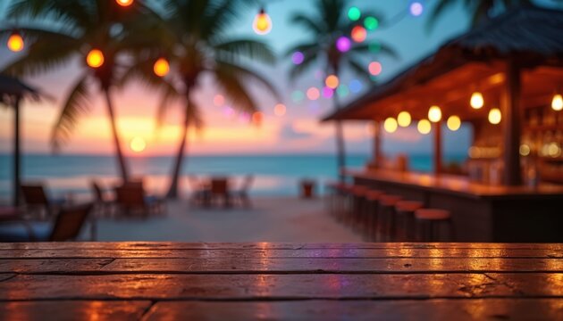 Wooden table foreground at beach bar during sunset. Palm trees, ocean waves, string lights create warm tropical ambiance. Empty chairs suggest relaxation at twilight. - Powered by Adobe