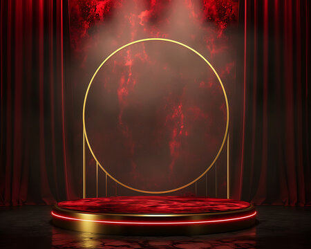 Red velvet stage with gold circle and red neon lights podium