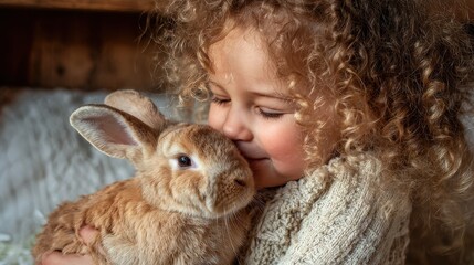 Fototapeta na wymiar Child interacts with a rabbit young ones with pets Girl with bunny Kids and animals at home or school Adorable toddler cuddles her pet Child giving food to rabbits