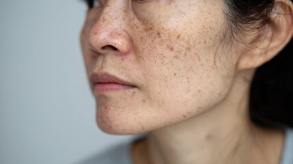 Facial issues such as freckles dark spots and wrinkles on Asian women s faces highlight expressions like frowning blood blemishes and rough skin set against a white background