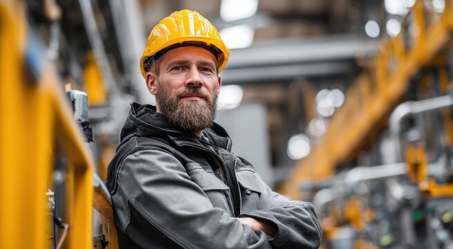 Image of a factory worker in safety gear next to a machine on the production line Industrial workforce