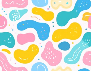 Fototapeta premium A vibrant and playful abstract pattern featuring organic shapes in pastel colors like pink, yellow, and blue, with small dots scattered throughout.