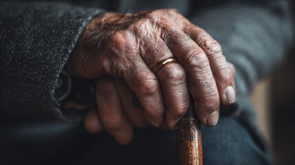 Fototapeta premium Close up of an elderly man in a home showing hands a walking stick and a wedding ring evoking grief and nostalgia