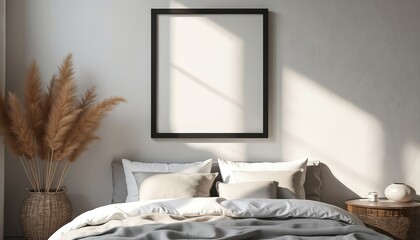 Modern bedroom with unadorned frame above neatly made bed. Neutral tones and soft light create calm atmosphere. Pampas grass decor adds natural touch. Ready for art.