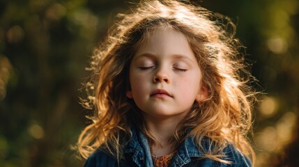 Fototapeta premium Young girl with eyes shut dreaming of a future in nature Happy family lifestyle concept