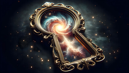 Ornate Crystal Keyhole Portal with Swirling Galaxy Interior and Drifting Light Particles on Deep Space Background