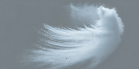 Abstract white powder explosion frozen in motion against a grey background