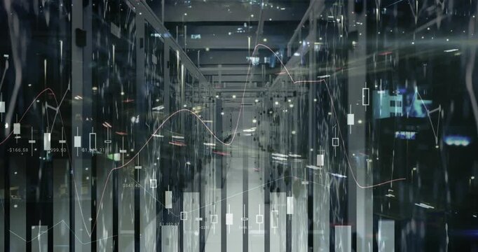 Translucent financial charts overlaying server aisle growing bars, moving line and showing data