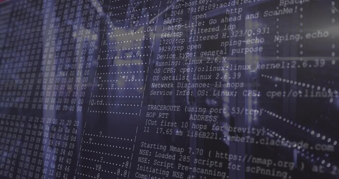 Fading-in Nmap scan overlay scrolling over blinking server racks illustrating network scanning