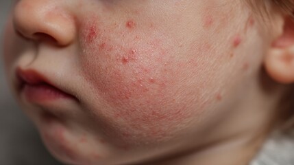 Detailed image of a baby s cheek displaying red pimples from an allergic rash or atopic dermatitis