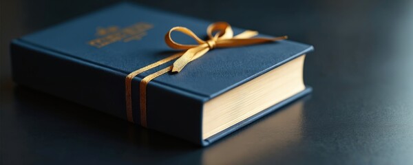 Closed blue book with gold ribbon tied around its spine on a dark surface. Pages edges are gilded. Book cover has embossed gold text and emblem. Elegant stationery for gifting or personal use.