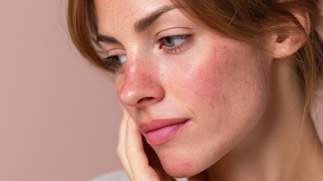 Close up image of a young Caucasian woman with severe rosacea and pink acne on her face set against a beige background