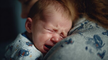 Tired and hungry newborn boy cries in his mother s arms as other children also weep