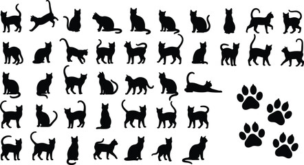 Cat silhouette vector set, walking sitting stretching poses, editable black graphic collection, paw print icons, pet themed illustration, animal design elements