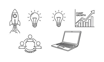 Business Strategy and Growth Line Icons – Teamwork, Analytics and Idea Concept Set
