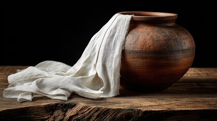 Water filled clay pot covered with white cloth set against a dark wood backdrop with space for text