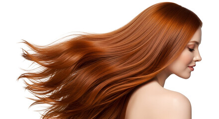 Fototapeta premium Elegant Woman with Flowing Auburn Hair Beautiful Female with Long Shiny Red Hair Isolated for Beauty Salon Concepts or Hair Product Advertising in Transparent background