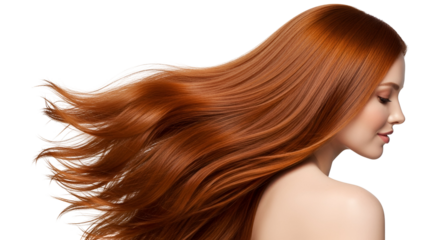 Elegant Woman with Flowing Auburn Hair Beautiful Female with Long Shiny Red Hair Isolated for Beauty Salon Concepts or Hair Product Advertising in Transparent background