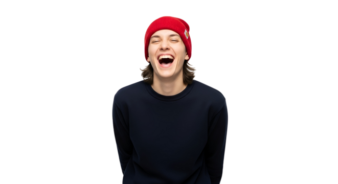 Authentic young adult portrait with open mouth laughter showcasing pure joy and expressive emotions against a Transparent background embodying modern lifestyle and youthful