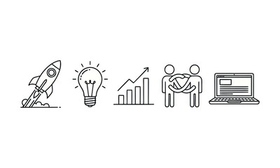 Business Strategy and Growth Line Icons – Teamwork, Analytics and Idea Concept Set