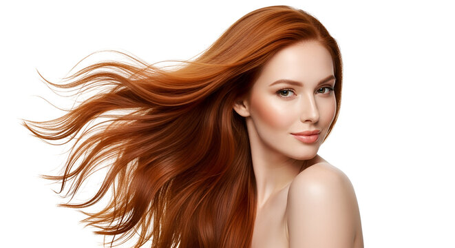 Attractive Woman Portrait with Flowing Ginger Hair and Perfect Skin on Transparent Background for Beauty Advertising and Hair Care Products isolated on transparent background