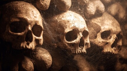 Assemblage of dusty web covered skulls and bones in the catacombs eerie reminders of death and malevolence