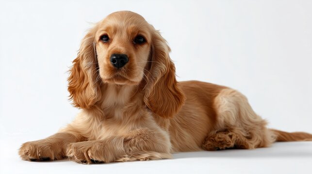 Cute golden cocker spaniel puppy resting calmly on a white background indoors