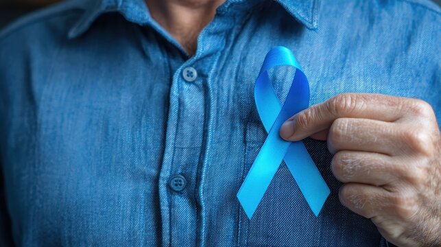 November is Prostate Cancer Awareness Month a man in a blue shirt holds a blue ribbon to support those affected Themes include healthcare international men fatherhood and World Cancer