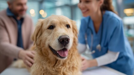 Golden Retriever receives care at veterinarian clinic with owners present