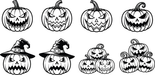 Halloween pumpkin vector set, jack-o'-lantern faces with witch hats, spooky black line illustrations, editable festive icons, holiday themed graphic design