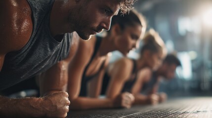 Group fitness training with a personal trainer focusing on plank exercises for weight loss featuring men and women in a strength challenge at the gym