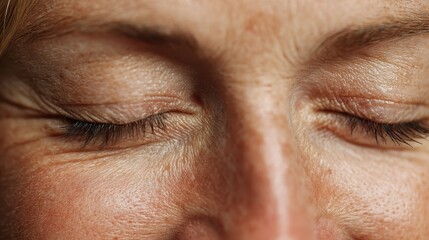 Obraz premium Zoomed in image of a woman s face with eyes closed emphasizing the skin s wrinkles and textures near her eyes and nose