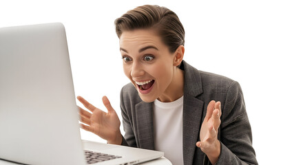 Excited Woman Reacting Positively to Laptop Screen on Transparent Background Happy Businesswoman Celebrating Success Looking at Computer Display Online Achievement with