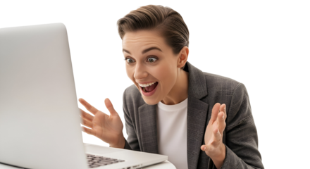 Excited Woman Reacting Positively to Laptop Screen on Transparent Background Happy Businesswoman Celebrating Success Looking at Computer Display Online Achievement with