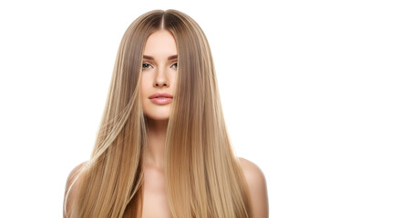 Naklejka premium Attractive woman portrait with long straight blonde hair on transparent background studio shot beautiful hair care concept for advertising professional hair coloring salon