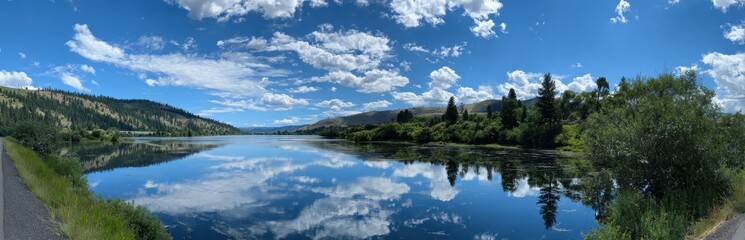 Vibrant photo of beautiful panoramic view of the lake with reflection of the blue sky