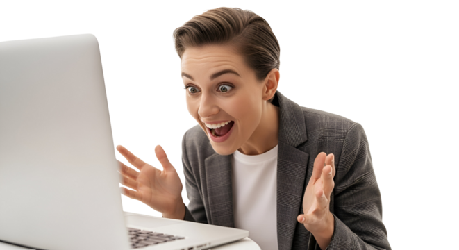Excited Woman Reacting Positively to Laptop Screen on Transparent Background Happy Businesswoman Celebrating Success Looking at Computer Display Online Achievement with - Powered by Adobe
