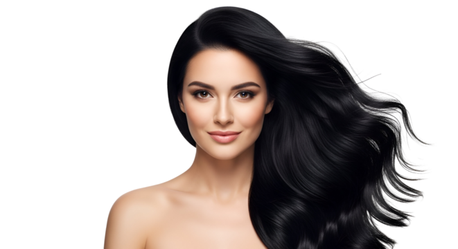 Stunning Brunette with Flowing Black Hair Portrait on Transparent Background for Beauty Advertising Healthy Shiny Hair Style Concept Fashion Model Portrait with Radiant Skin and