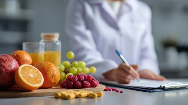 Zoomed in view of a young female nutritionist documenting health records on a clipboard with fresh fruits vitamins and medications in the foreground of a lab Emphasis on health