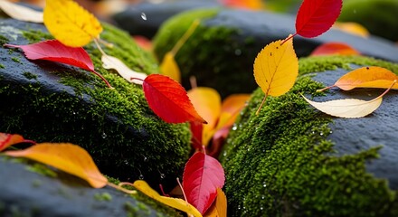 Autumn Leaves Mossy Rocks Forest Floor Raindrops Vibrant Colors Nature Scenery Outdoors