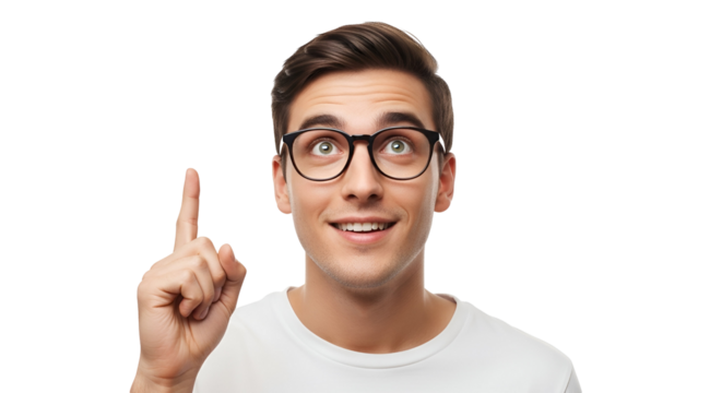 Inspired young man in glasses pointing upwards on transparent background with a bright idea presenting solution or creative innovation showing gesture of success and ingenuity
