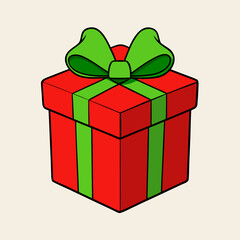 Red Gift Box with Green Ribbon and Bow — Festive Christmas Present Vector Illustration