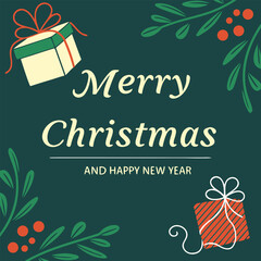 Elegant Merry Christmas and Happy New Year Greeting Card — Emerald Green Background with Gold Typography, Gifts, and Festive Decorations