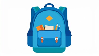 A vibrant blue backpack filled with school supplies, including notebooks and pencils, against a white background.