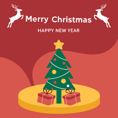 Elegant Merry Christmas and Happy New Year Illustration — Festive Red Background with Christmas Tree, Golden Reindeer, and Gifts