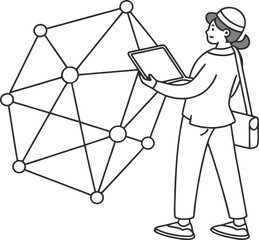 Woman with laptop stands near a network diagram with interconnected nodes and lines in monochrome style