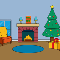 Cozy Christmas Living Room Illustration — Festive Interior with Fireplace, Christmas Tree, and Holiday Decorations